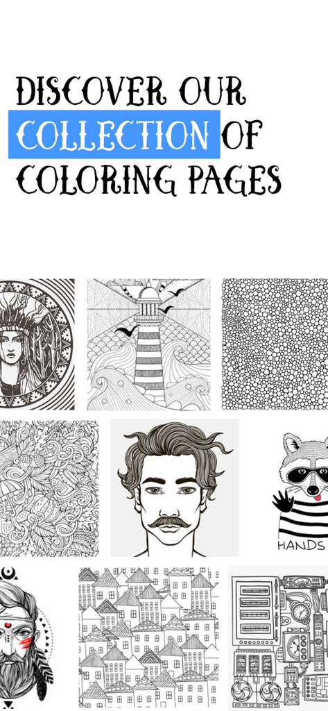 A collection of detailed black and white coloring pages for adults featuring diverse artistic designs