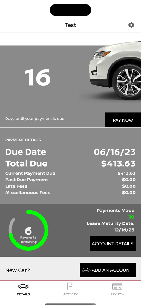 NMAC Account Manager dashboard showing payment details and remaining lease installments for a Nissan vehicle