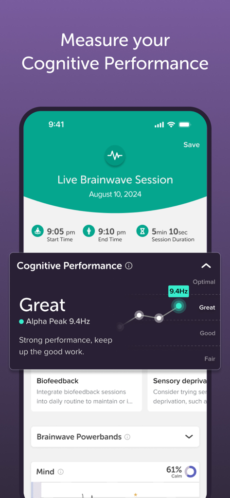 Muse: Brain Health & Sleep - Muse app screenshot displaying a live brainwave session report with a cognitive performance score and Alpha Peak Frequency data.