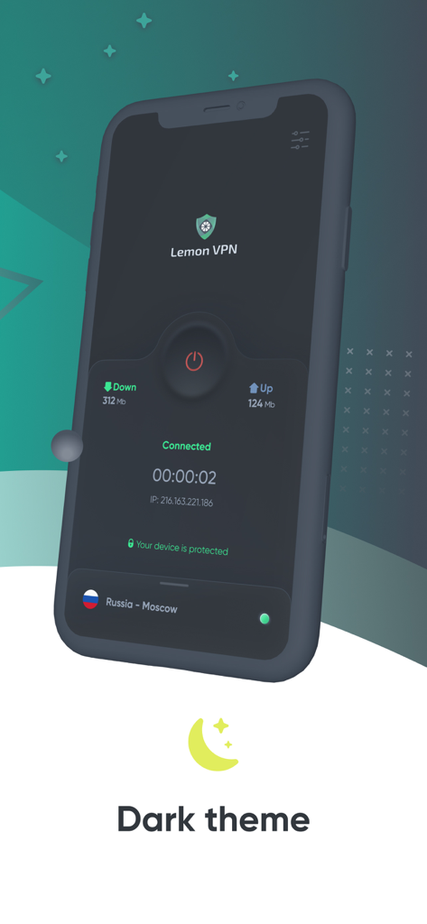Interfaccia dell'app Lemon VPN che mostra il tema scuro e lo stato di connessione su un iPhone