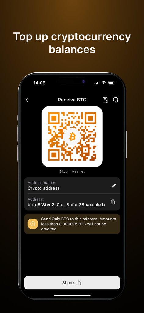 Trustee Plus | Wallet & Card - Trustee Plus app interface showing a QR code and wallet address to receive Bitcoin and top up balances