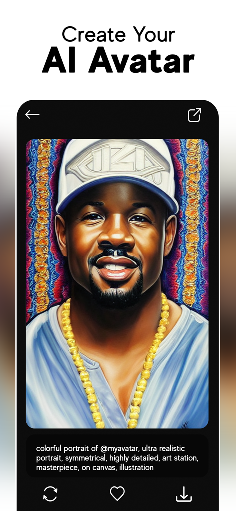 Dreams AI Art Generator - Dreams AI Art Generator app interface showing a colorful and detailed AI-generated avatar portrait of a man with a cap and gold chain