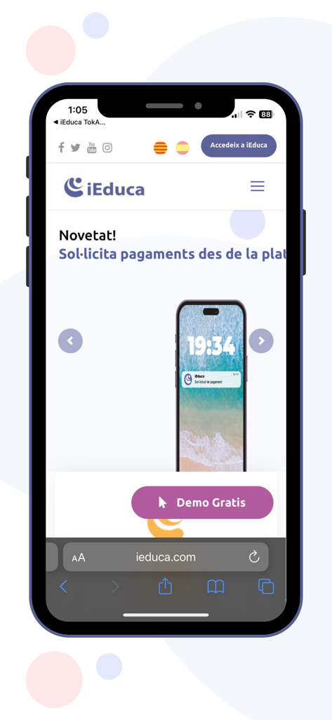 iEduca TokApp - A smartphone screen displaying the iEduca TokApp website and its educational management features including notifications.