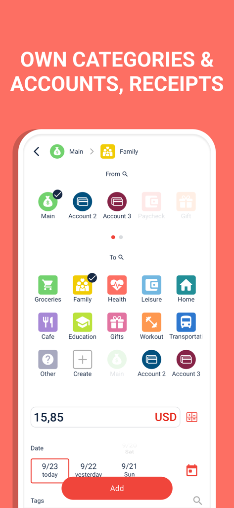 Mobile app screen showing colorful icons for custom expense categories and a transaction entry field.