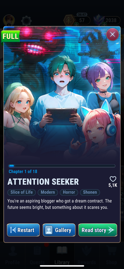 Story selection screen for Attention Seeker in an anime dating sim game featuring anime characters and a horror theme.