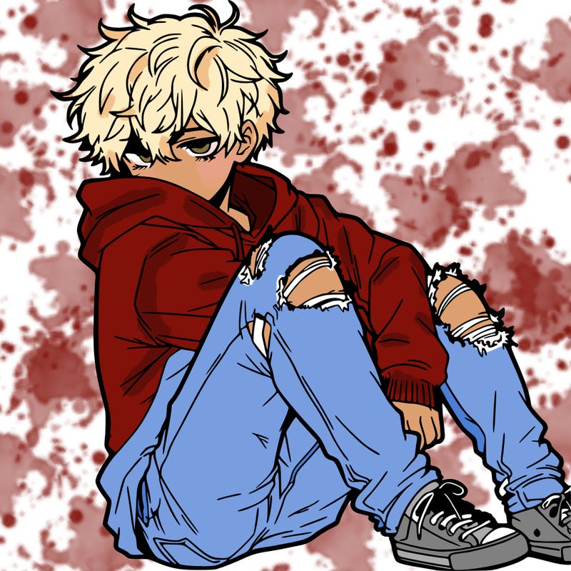 a male hoddie ripped jeans messy hair anime