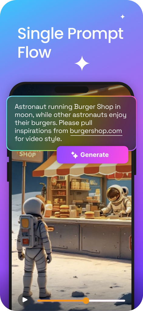Steve AI: AI Video Generator - Steve AI app interface showing a single prompt flow converting a text description into an AI generated video