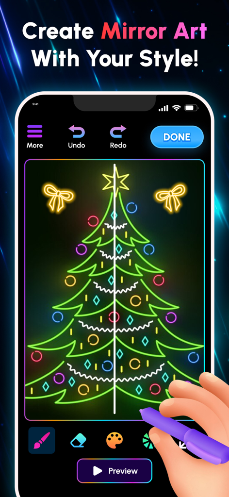 Usuário desenhando uma árvore de natal de neon com a ferramenta de simetria de espelho no aplicativo Glow Art