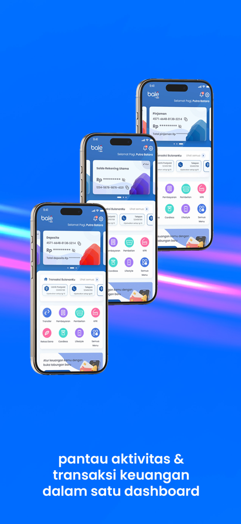 bale by BTN - Trois smartphones montrant le tableau de bord bancaire mobile bale by BTN pour la surveillance des transactions financières.