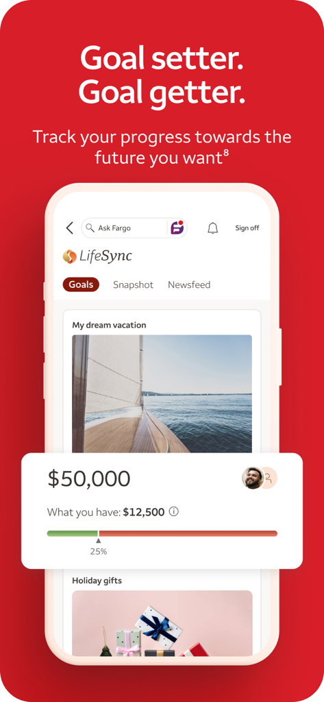 Wells Fargo Mobile app showing LifeSync savings goal tracking