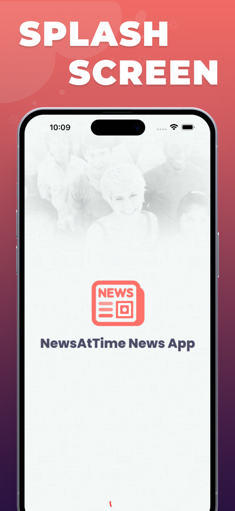 NewsAtTime ニュースアプリのスプラッシュスクリーン。iPhoneにロゴとアプリ名が表示されています。