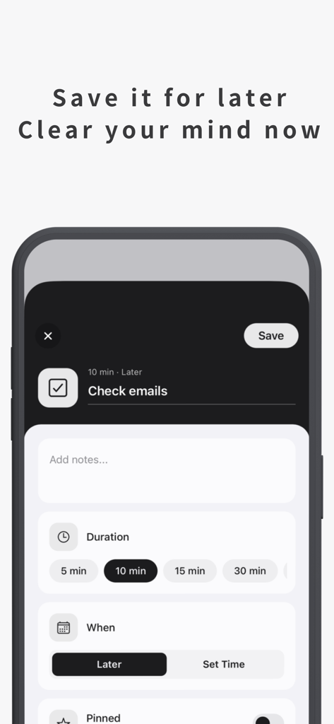 Any Planner-Daily Task Planner - Pantalla de la aplicación Any Planner que muestra la función Lista Más Tarde, que permite a los usuarios guardar tareas como revisar correos electrónicos sin una hora programada específica para reducir el desorden mental.