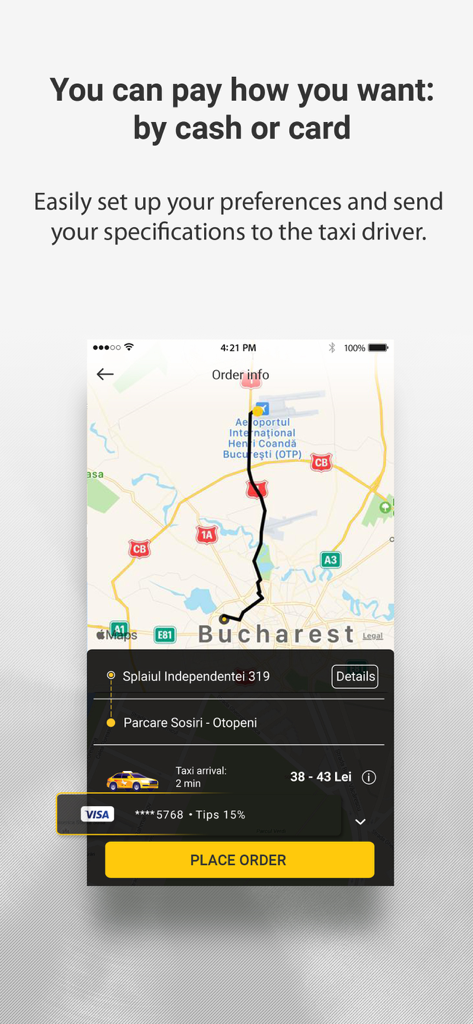 Interfaccia dell'app Star Taxi che mostra un ordine di corsa da Bucarest all'aeroporto con impostazioni di pagamento tramite carta di credito.