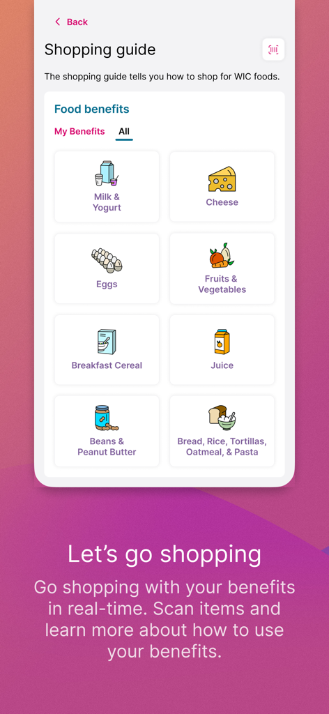 Interface of the myWIC Mosaic app shopping guide showing different food benefit categories like dairy fruits and grains