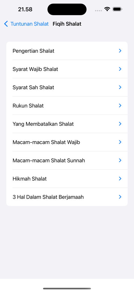 Tuntunan Shalat Lengkap - Menu list of prayer jurisprudence topics including conditions and pillars of prayer
