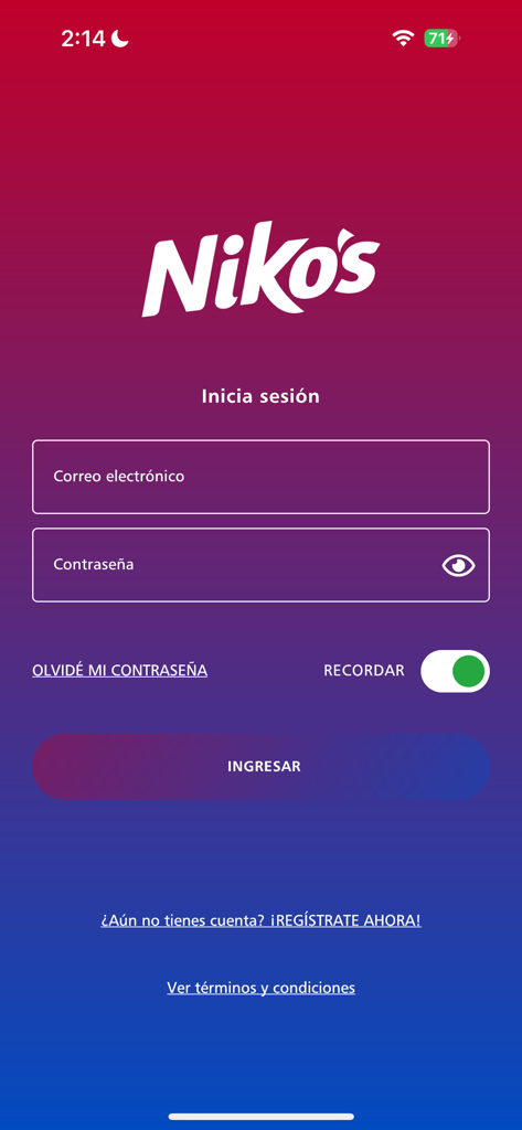 Niko´s - Niko's loyalty app login screen with email and password fields