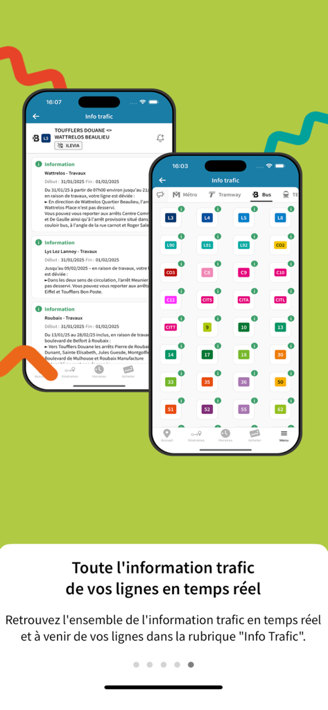 ilévia - Two smartphone screens displaying the ilevia app real-time traffic information and bus line status for Lille.