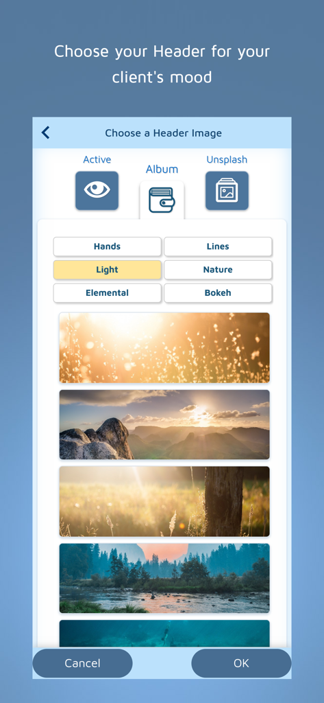 FreeSite – Website Maker - Mobile screen showing options to choose a website header image from various nature and light categories