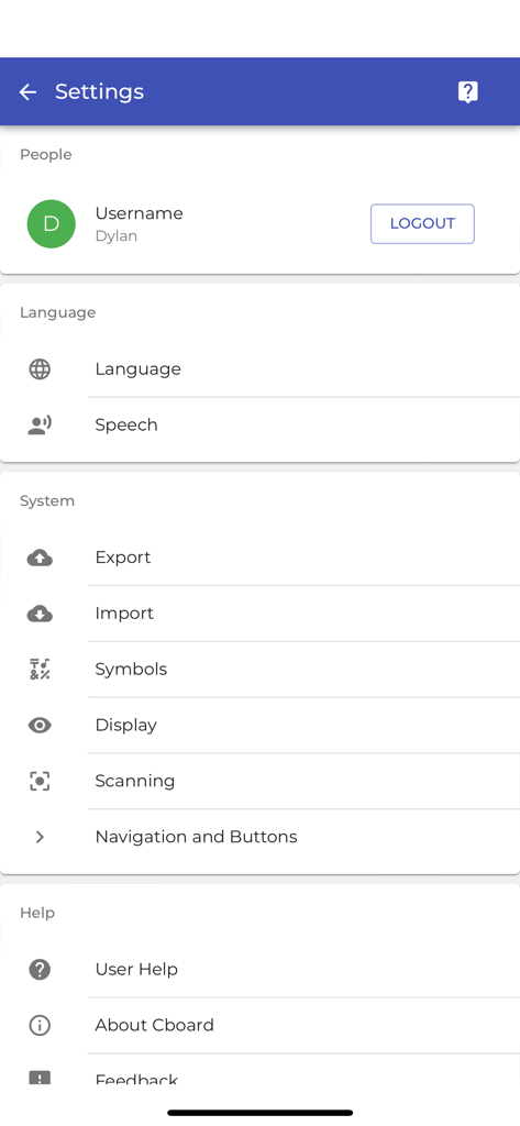 AAC Cboard APP - Settings interface of the Cboard AAC app showing profile language speech and system configuration menus
