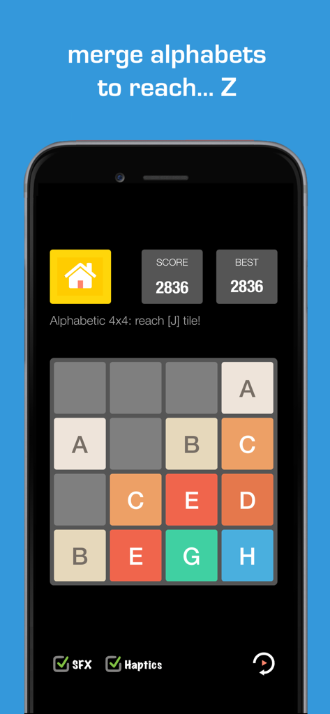 Gameplay screenshot of Alpha Blocks Unlimited showing colorful alphabet tiles on a four by four grid puzzle board