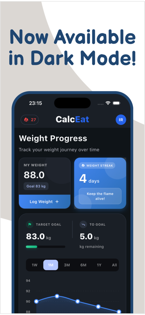 CalcEat - AI Calorie Tracker - Panel de control de progreso de peso de la aplicación CalcEat en modo oscuro que muestra el peso actual y los objetivos establecidos.