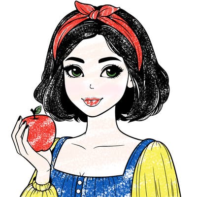 a woman with medium short hair, wearing a headband with a small bow, carrying an apple in her hand, realistic