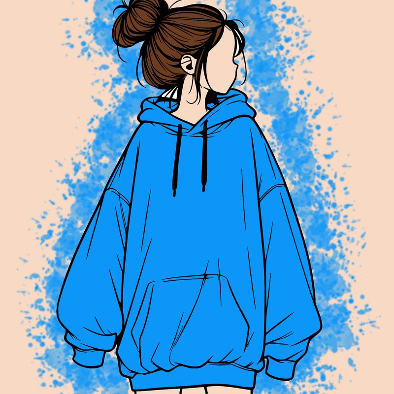realistic girl with a oversized sweatshirt on and a bun