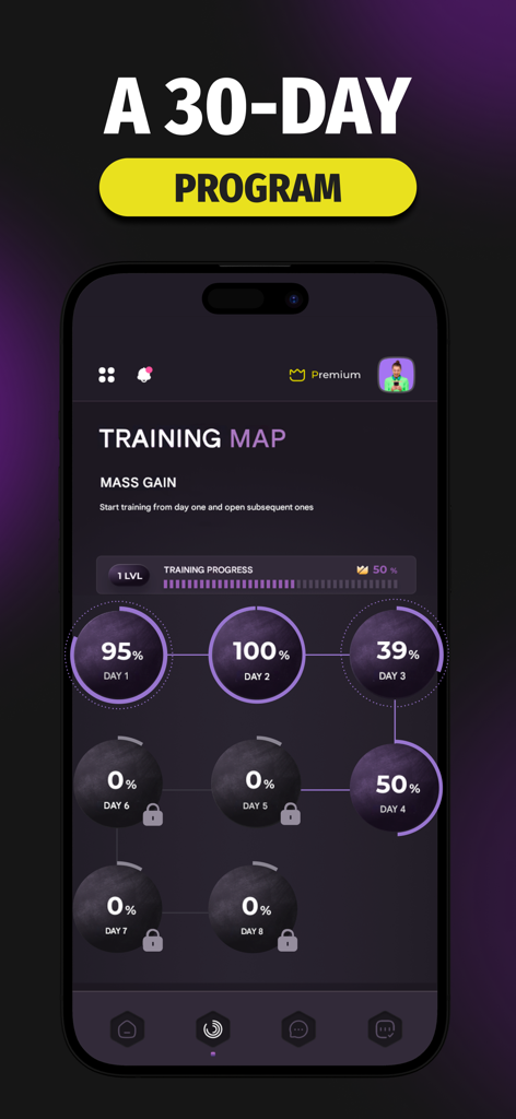 Lose Weight in 30 Days-Fitness - 30일 안에 체중 감량 앱 트레이닝 맵, 30일 운동 프로그램 진행 추적 인터페이스 표시
