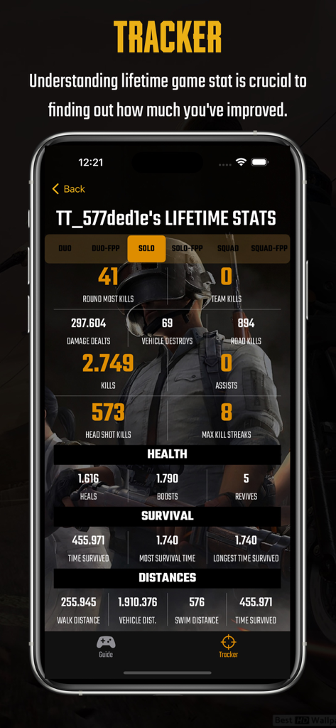 Guide & Stat for PUBG NewState - Pantalla de aplicación móvil que muestra estadísticas detalladas de por vida del jugador, incluyendo muertes y métricas de supervivencia
