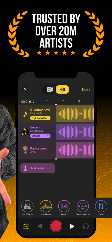 A mobile interface for the Rap Fame app showing multi-track audio recording with vocal effects and beats.