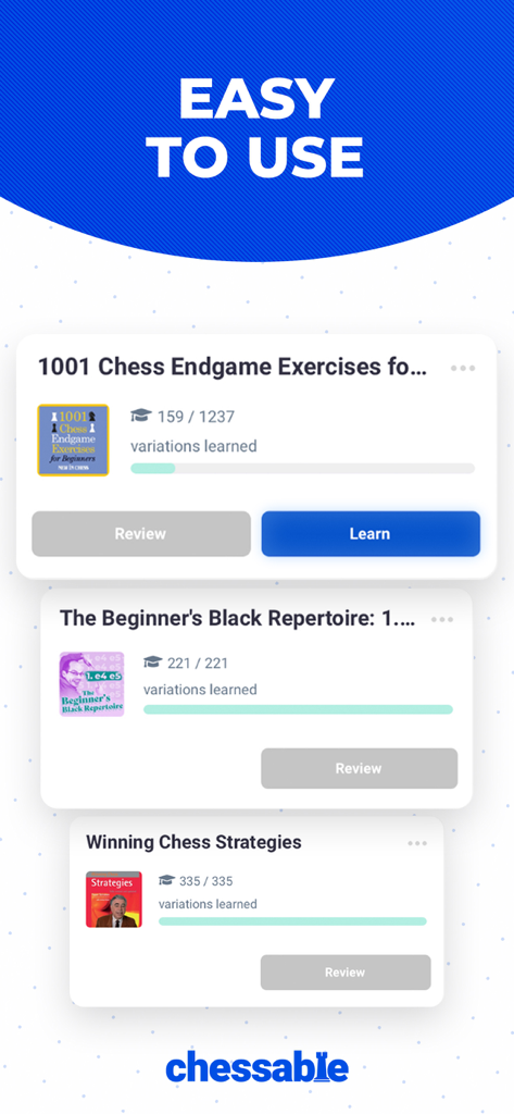 Chessable: Study Chess Smarter - Interfaz de la aplicación Chessable que muestra el progreso del curso de ajedrez y texto fácil de usar
