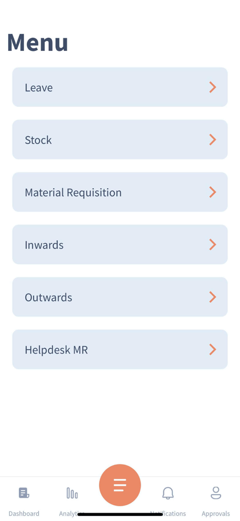 Skyward CRM - Skyward CRM mobile app menu screen displaying business management options like Stock, Inwards, and Outwards.