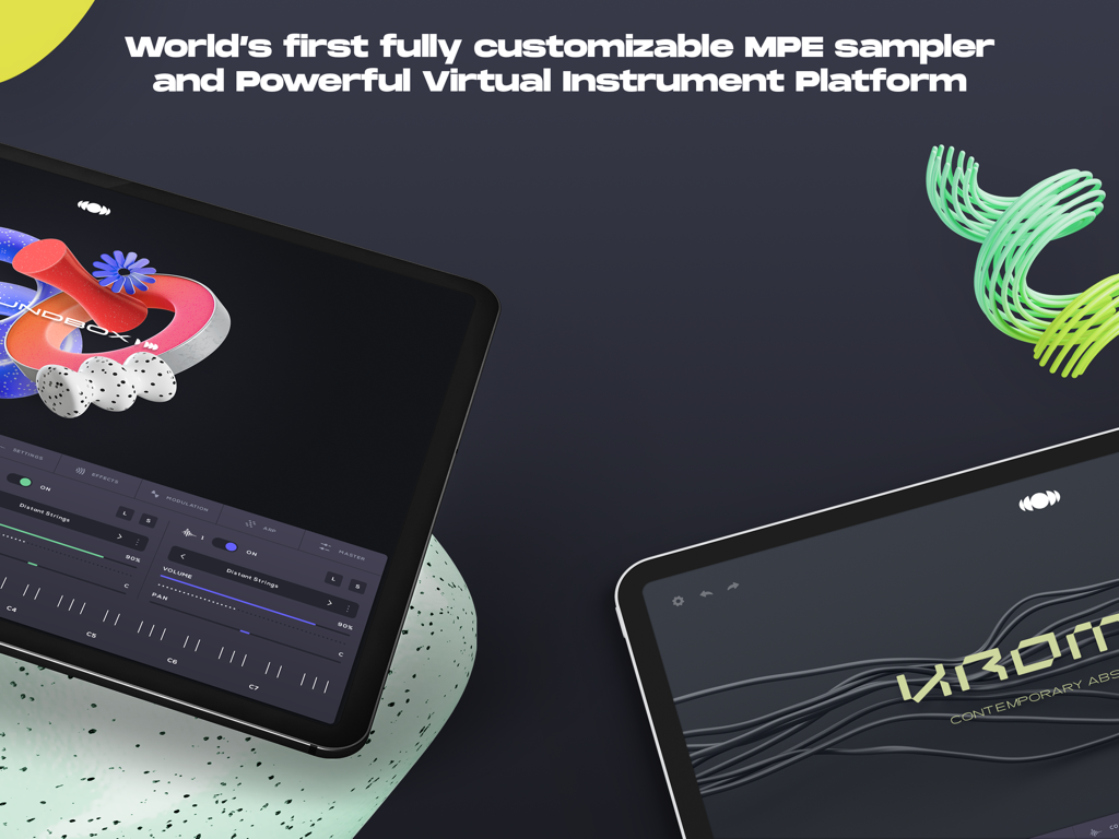 Soundbox - Instrument Platform - Two iPads displaying the Soundbox app interface featuring its MPE sampler and virtual instrument platform.