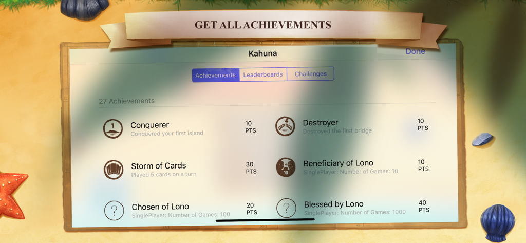Kahuna - Achievement list screen in the Kahuna strategy board game app showing various goals and points.