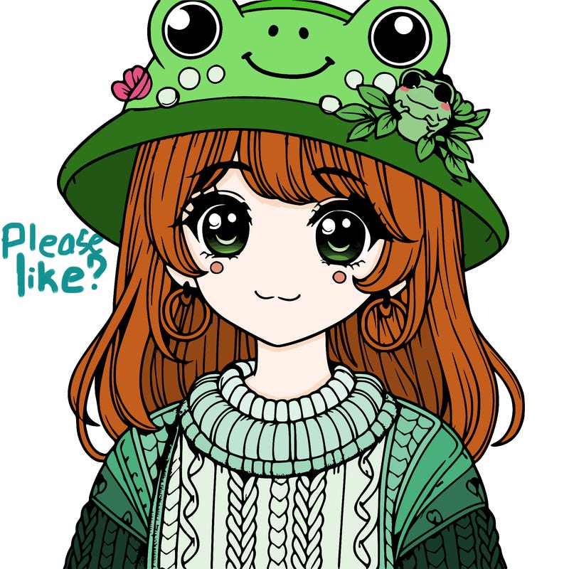 realistic girl wearing frog sweater and a frog hat with frog earrings