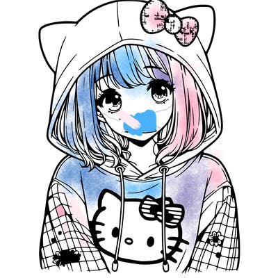 a girl wearing a hello kitty sweater with hood also realistic