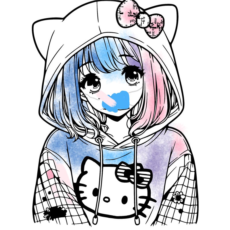 a girl wearing a hello kitty sweater with hood also realistic