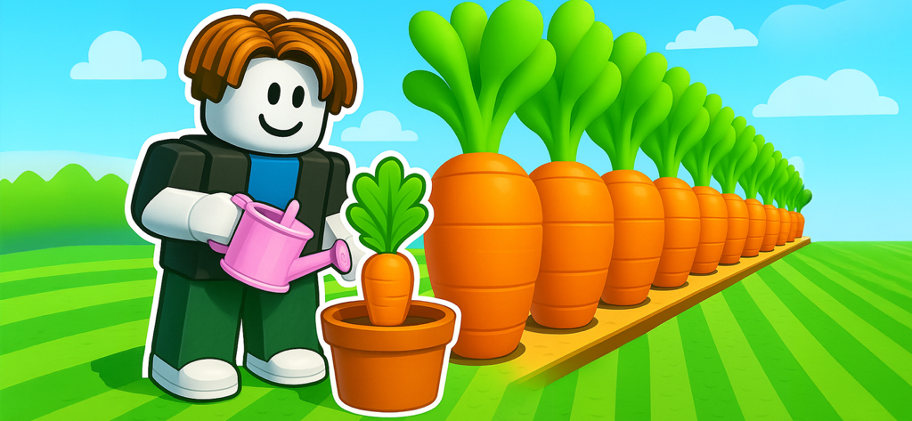 Grow a Garden : Master Game - Un personaje de dibujos animados regando una zanahoria en maceta junto a una fila de zanahorias gigantes en un campo verde.
