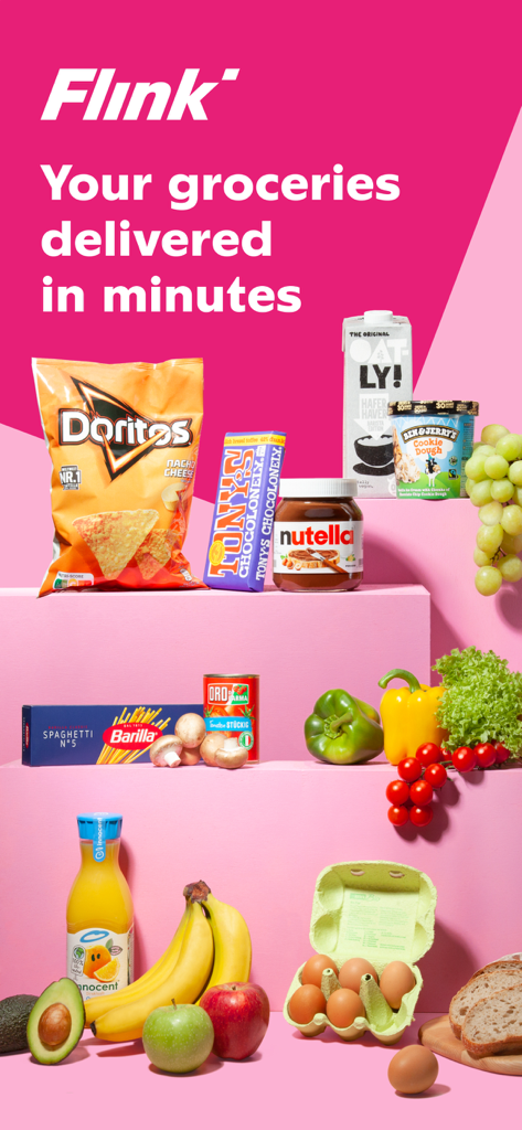 Flink app display showing fresh produce and snacks with the text Your groceries delivered in minutes.
