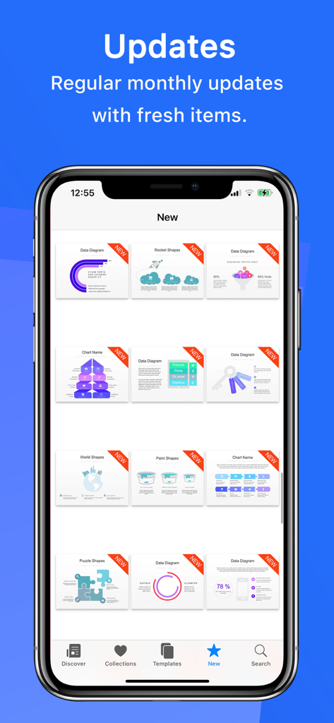 データ図とグラフの新しいテンプレートアップデートのコレクションを表示するInfographics Primeアプリ画面。