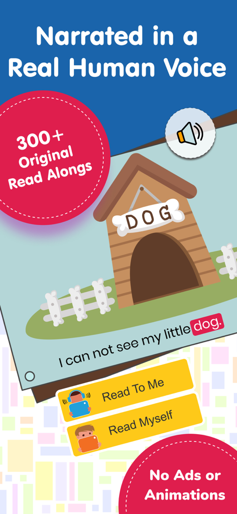 Early Learning Library app screen featuring an interactive ebook with human voice narration and no ads for children.