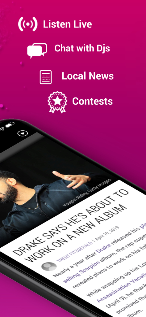 103.1 Kiss FM (KSSM) - Interface of the 103.1 Kiss FM app highlighting features like listen live, chat with DJs, local news, and contests