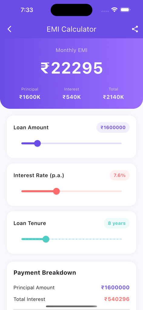 Instant Loan - Calculator App - EMI calculator interface displaying monthly payment calculations and loan breakdown with adjustable sliders.