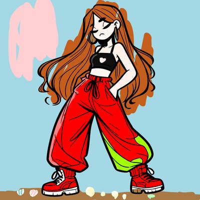 girl in baggy pants crop top and long hair