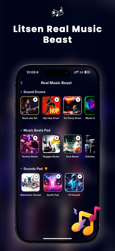 Drum Pads Electronic Drums - Drum Pads Electronic Drums app interface showing sound kits for rock hip hop dj and techno beats