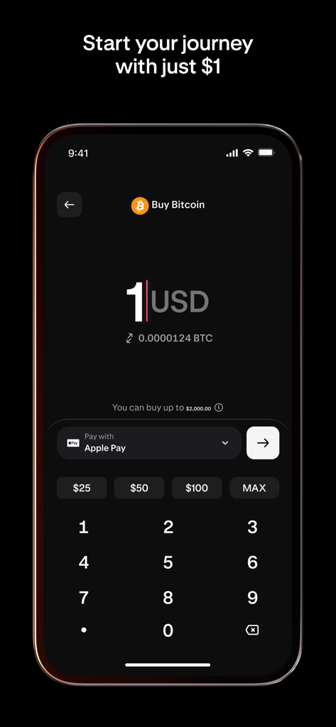 Krak: Money & Crypto Transfer - Krak 앱의 모바일 화면: 1달러부터 시작하여 Apple Pay를 사용하여 비트코인을 구매하는 간소화된 인터페이스 표시