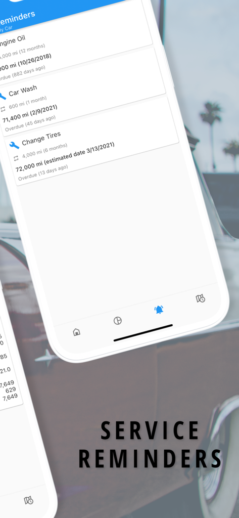 My Car app interface displaying vehicle service reminders for engine oil and tire changes