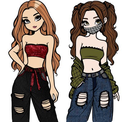 2 girls in crop tops and baggy jeans ripped