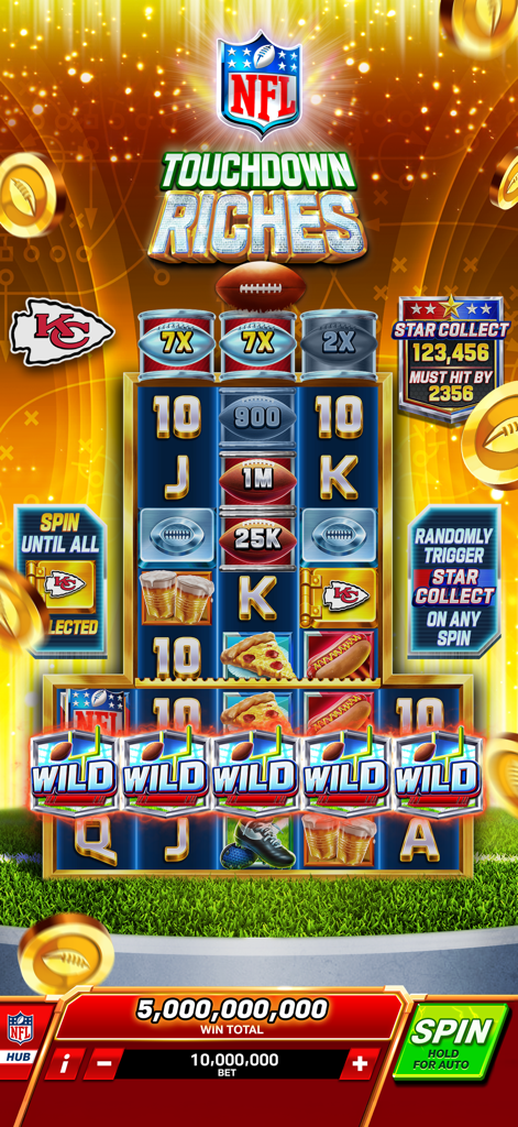 NFL Super Bowl Slots Casino - Gameplay screenshot of the Touchdown Riches slot machine featuring NFL branding and Kansas City Chiefs team logos