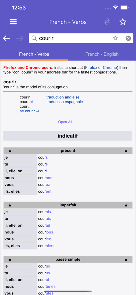 French verb conjugation table for the verb courir in the WordReference app